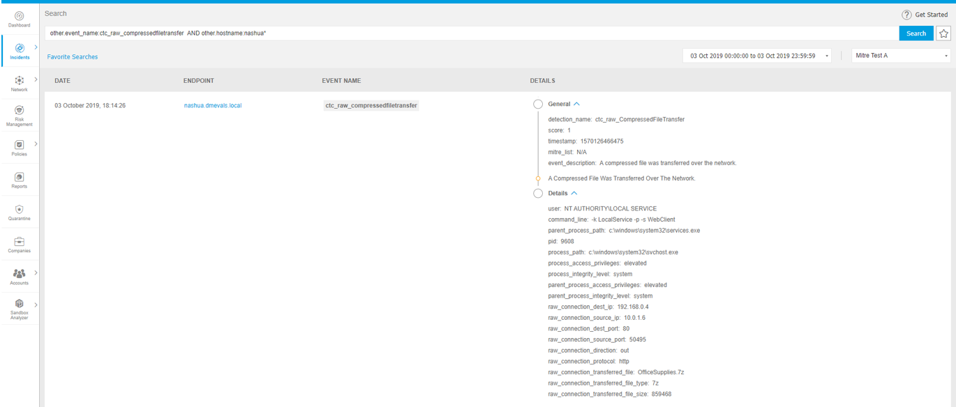 Mitre Attack Evaluation shwcase - Bitdefender GravityZone console view - the initial collectiona nd exfiliation by APT29